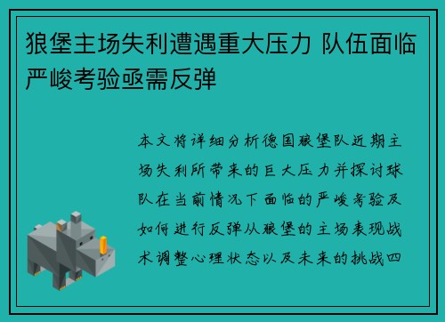 狼堡主场失利遭遇重大压力 队伍面临严峻考验亟需反弹