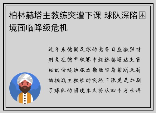 柏林赫塔主教练突遭下课 球队深陷困境面临降级危机