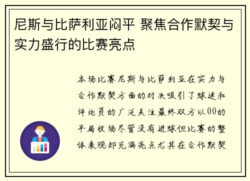 尼斯与比萨利亚闷平 聚焦合作默契与实力盛行的比赛亮点