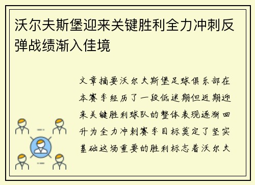 沃尔夫斯堡迎来关键胜利全力冲刺反弹战绩渐入佳境