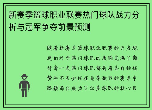 新赛季篮球职业联赛热门球队战力分析与冠军争夺前景预测