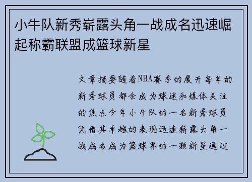 小牛队新秀崭露头角一战成名迅速崛起称霸联盟成篮球新星