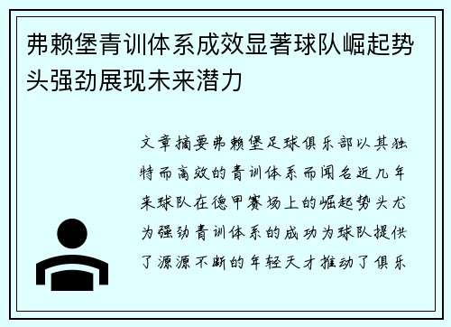 弗赖堡青训体系成效显著球队崛起势头强劲展现未来潜力