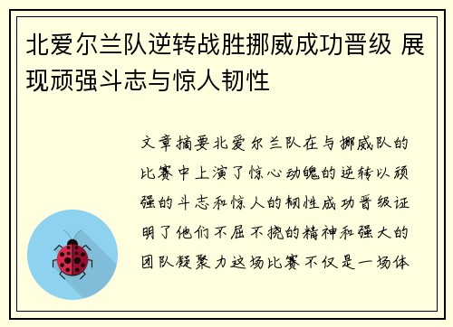 北爱尔兰队逆转战胜挪威成功晋级 展现顽强斗志与惊人韧性