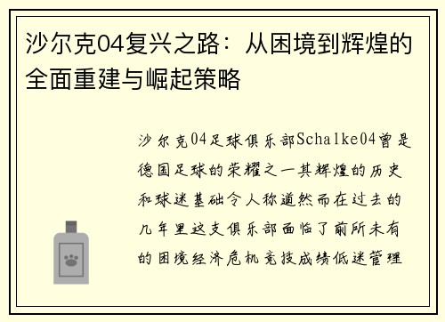 沙尔克04复兴之路：从困境到辉煌的全面重建与崛起策略