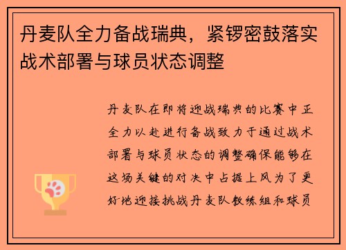 丹麦队全力备战瑞典，紧锣密鼓落实战术部署与球员状态调整