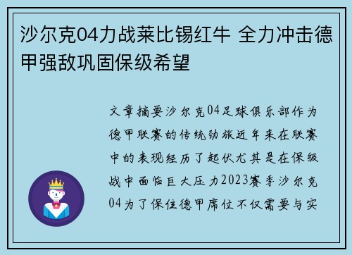 沙尔克04力战莱比锡红牛 全力冲击德甲强敌巩固保级希望