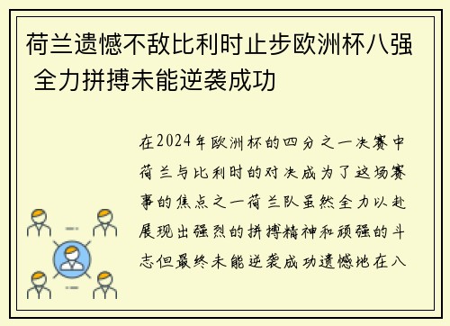 荷兰遗憾不敌比利时止步欧洲杯八强 全力拼搏未能逆袭成功