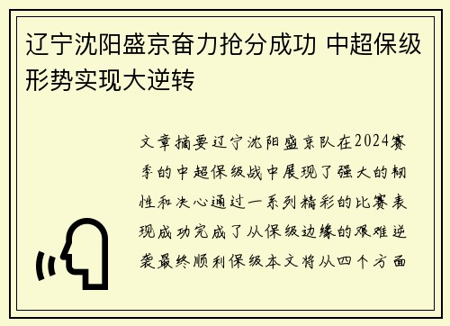 辽宁沈阳盛京奋力抢分成功 中超保级形势实现大逆转