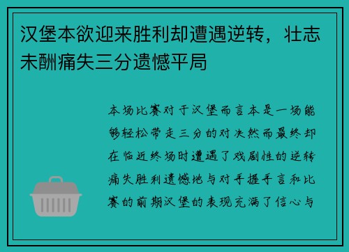 汉堡本欲迎来胜利却遭遇逆转，壮志未酬痛失三分遗憾平局