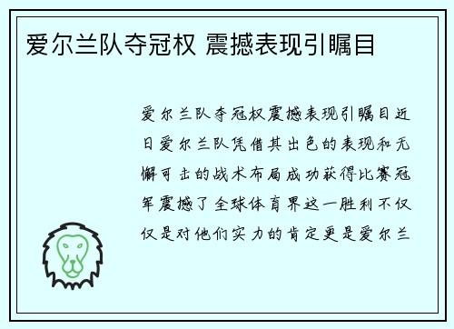 爱尔兰队夺冠权 震撼表现引瞩目