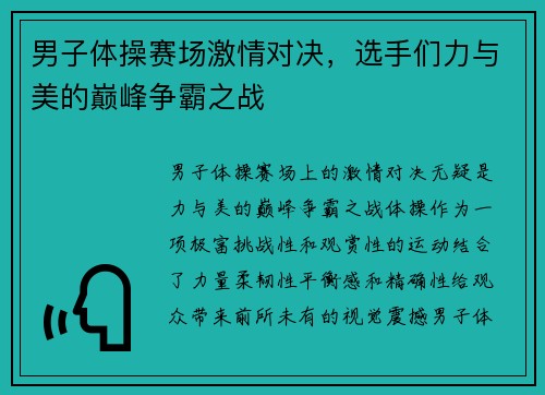 男子体操赛场激情对决，选手们力与美的巅峰争霸之战